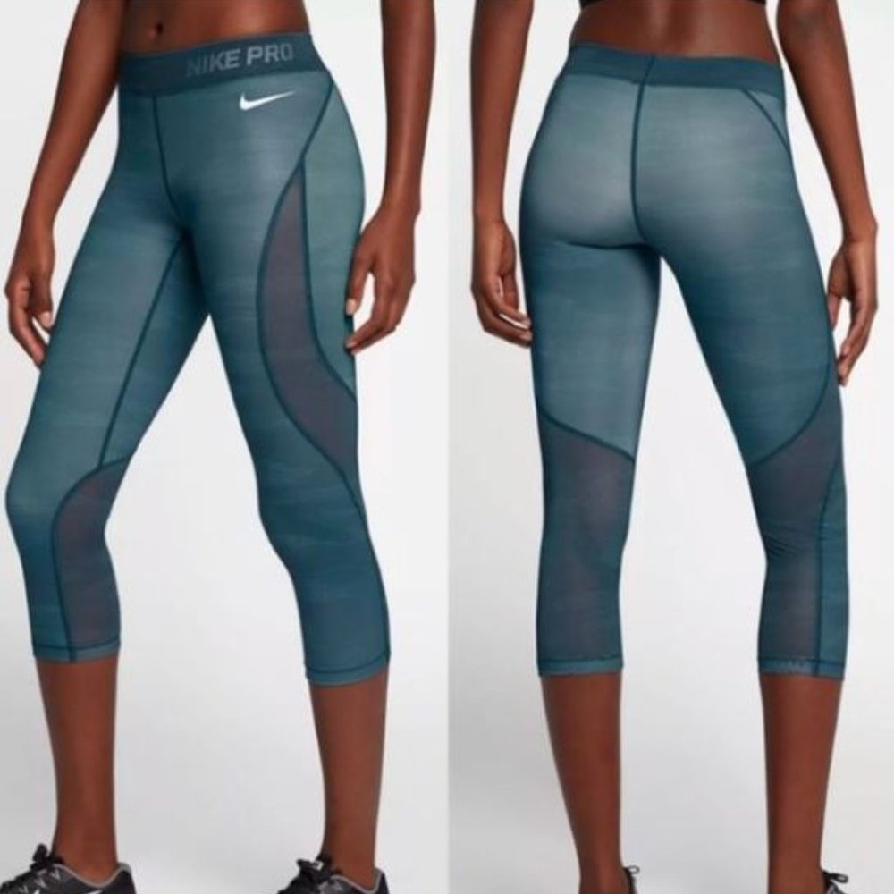 Nike Pro Womens Teal Space Dye Mesh Panel Training Capri Leggings 889625-466